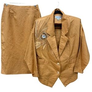 80s Maurada Linen Blend Suit Set Size 8 Embroidered Sequin Blazer Skirt Gold
